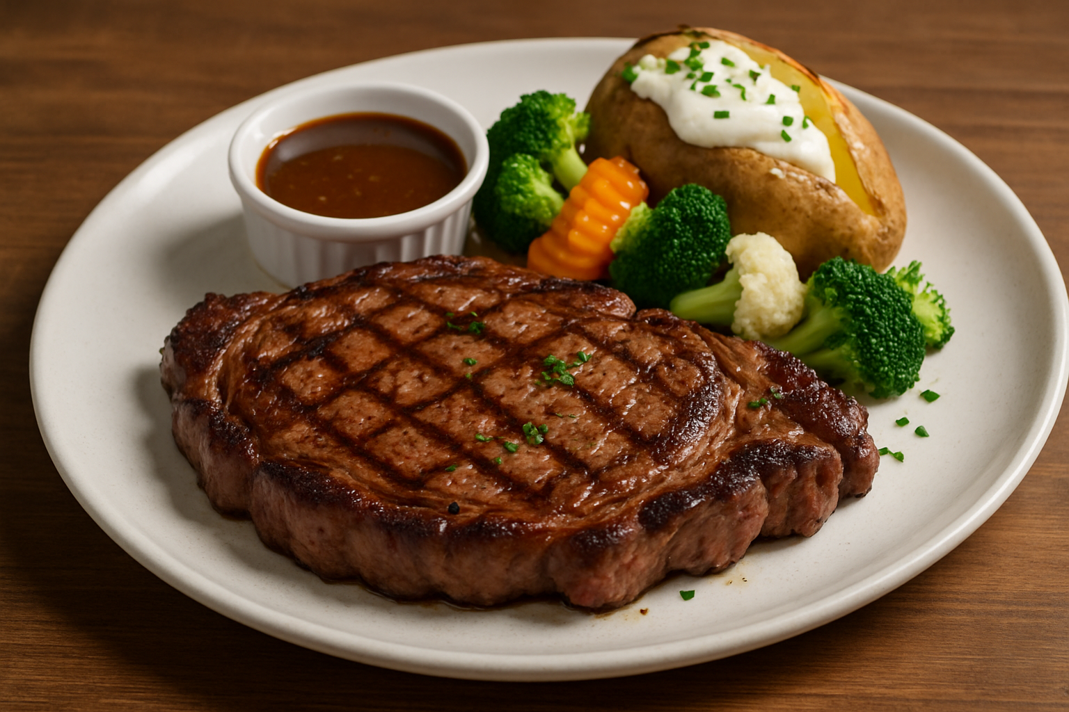 ChatGPT Ribeye Image Sep 23, 2025, 05_16_18 PM Ribeye steak with Aus Ju, mixed vegetables and baked potato with sour cream and chives